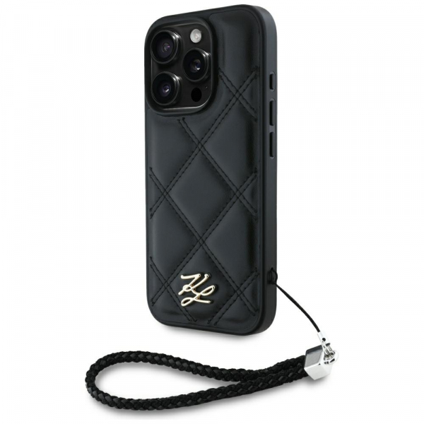 Husa pentru Apple iPhone 16 Pro, Karl Lagerfeld, Quilted Initial Logo & Chain Strap, Neagra