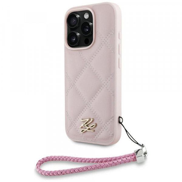 Husa pentru Apple iPhone 16 Pro, Karl Lagerfeld, Quilted Initial Logo & Chain Strap, Roz