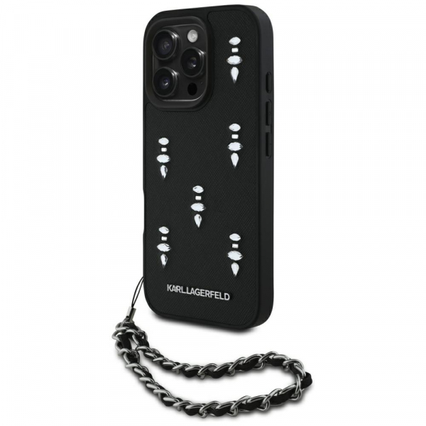 Husa pentru Apple iPhone 16 Pro, Karl Lagerfeld, Saffiano Crystals & Charm, Neagra
