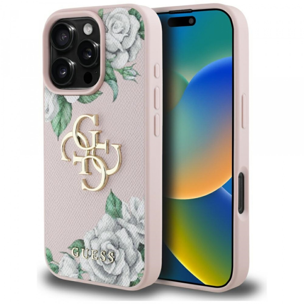 Husa pentru Apple iPhone 16 Pro Max, Guess, 4G Grained Roses Big Logo, Roz