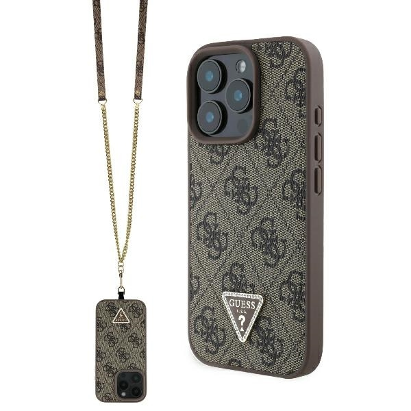 Husa pentru Apple iPhone 16 Pro Max, Guess, Crossbody 4G Triangle Strass, Maro