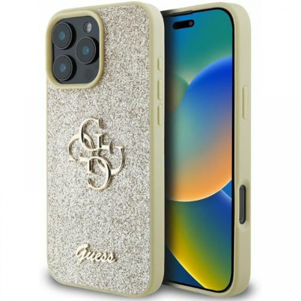 Husa pentru Apple iPhone 16 Pro Max, Guess, Fixed Glitter Big 4G, Aurie