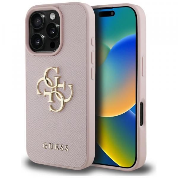 Husa pentru Apple iPhone 16 Pro Max, Guess, Grained Big 4G Logo Small Classic Logo, Roz