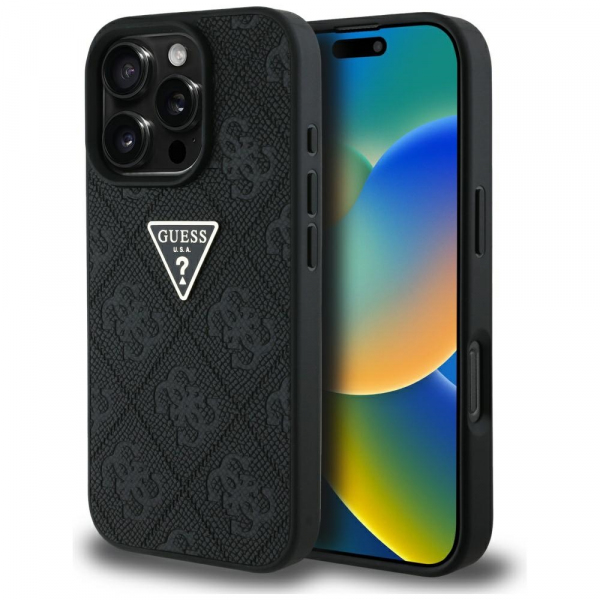 Husa pentru Apple iPhone 16 Pro Max, Guess, Hot Stamp 4G Pattern Triangle Logo, Neagra