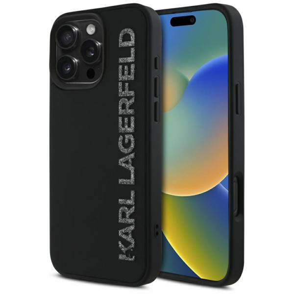 Husa pentru Apple iPhone 16 Pro Max, Karl Lagerfeld, 3D Rubber Elongated Gliiter Logo, Neagra
