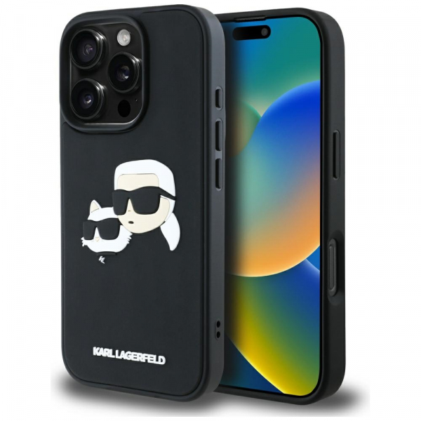 Husa pentru Apple iPhone 16 Pro Max, Karl Lagerfeld, 3D Rubber Karl & Choupette, Neagra
