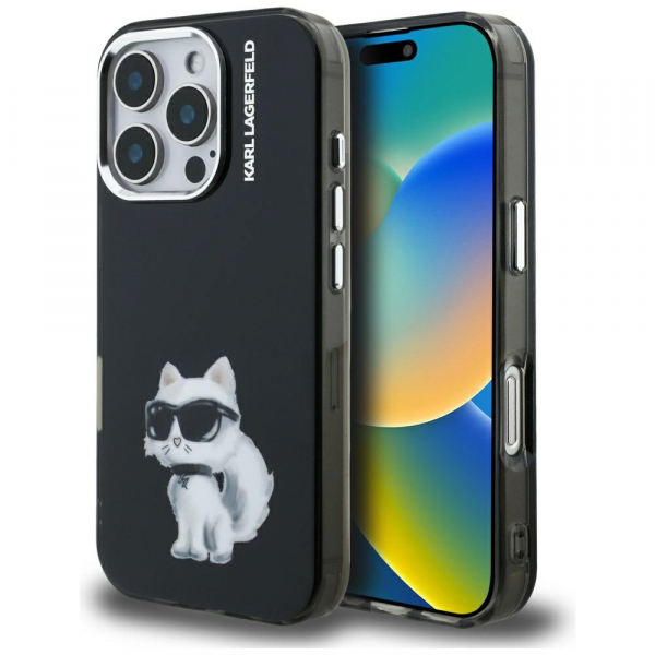 Husa pentru Apple iPhone 16 Pro Max, Karl Lagerfeld, IML Aquarelle Logo Choupette, Neagra