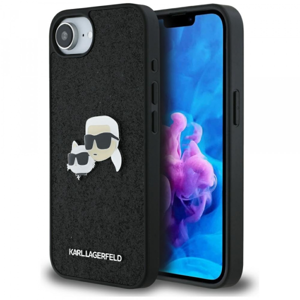 Husa pentru Apple iPhone 17e / 16e, Karl Lagerfeld, Glitter Fixed Karl & Choupette\'s Heads, Neagra