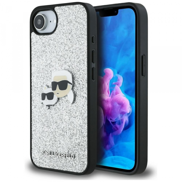 Husa pentru Apple iPhone 17e / 16e, Karl Lagerfeld, Glitter Fixed Karl & Choupette\'s Heads, Argintie