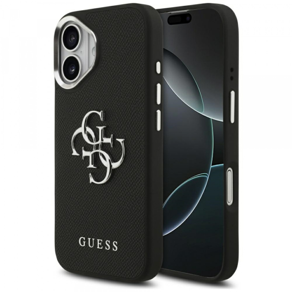 Husa pentru Apple iPhone 17, Guess, 4G Grained Big and Classic Logo, Neagra Argintie