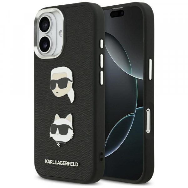 Husa pentru Apple iPhone 17, Karl Lagerfeld, Grained Karl & Choupette\'s Heads Pins and Logo, Neagra