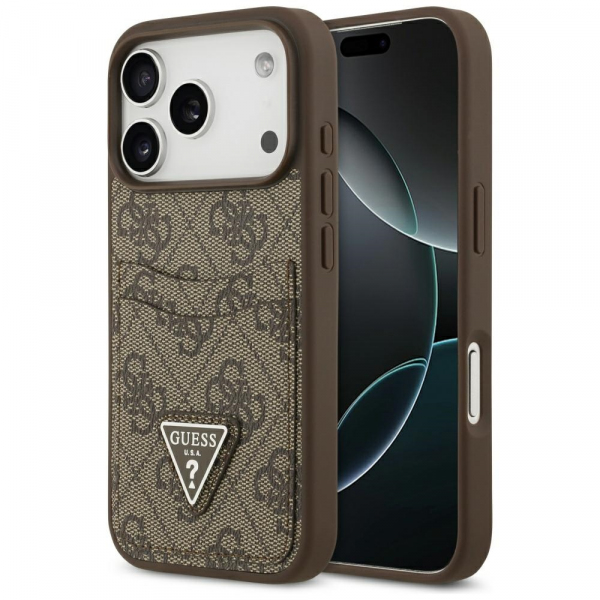 Husa pentru Apple iPhone 18 Pro / 17 Pro, Guess, 4G Double Card Triangle, Maro