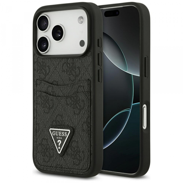 Husa pentru Apple iPhone 18 Pro / 17 Pro, Guess, 4G Double Card Triangle, Neagra