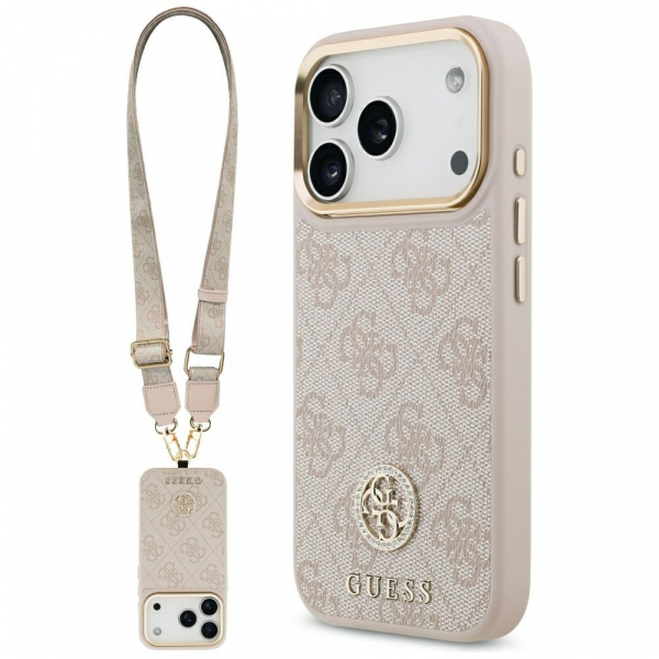 Husa pentru Apple iPhone 18 Pro / 17 Pro, Guess, 4G Strass Logo and Big Strap, Roz