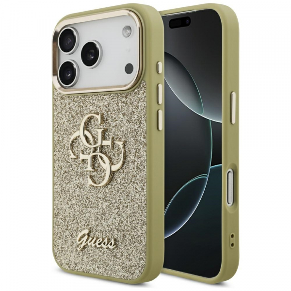 Husa pentru Apple iPhone 18 Pro / 17 Pro, Guess, Fixed Glitter Big 4G Metal Frame, Aurie