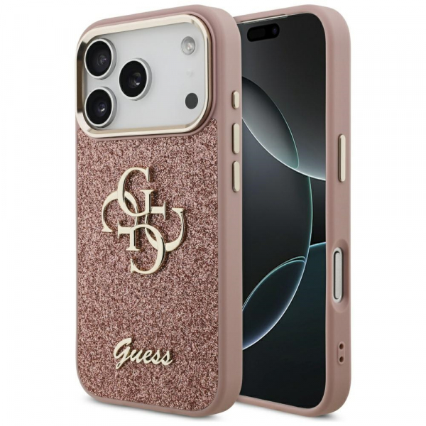 Husa pentru Apple iPhone 18 Pro / 17 Pro, Guess, Fixed Glitter Big 4G Metal Frame, Roz