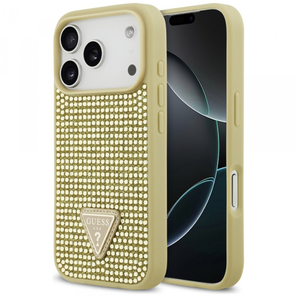 Husa pentru Apple iPhone 18 Pro / 17 Pro, Guess, Rhinestone Triangle Logo, Aurie