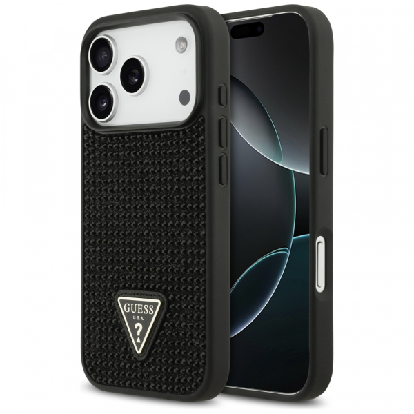 Husa pentru Apple iPhone 18 Pro / 17 Pro, Guess, Rhinestone Triangle Logo, Neagra