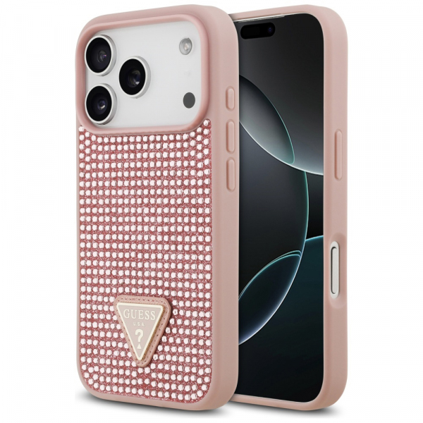 Husa pentru Apple iPhone 18 Pro / 17 Pro, Guess, Rhinestone Triangle Logo, Roz