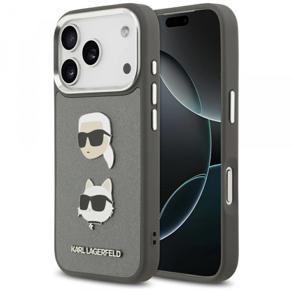 Husa pentru Apple iPhone 18 Pro / 17 Pro, Karl Lagerfeld, Grained Karl & Choupette\'s Heads Pins and Logo, Gri