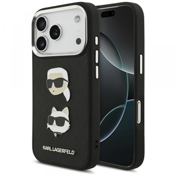 Husa pentru Apple iPhone 18 Pro / 17 Pro, Karl Lagerfeld, Grained Karl & Choupette\'s Heads Pins and Logo, Neagra