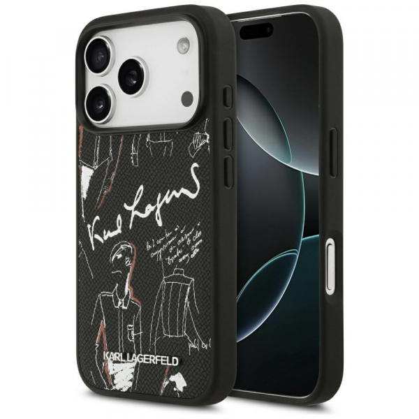 Husa pentru Apple iPhone 18 Pro / 17 Pro, Karl Lagerfeld, Grained Pattern Logo, Neagra