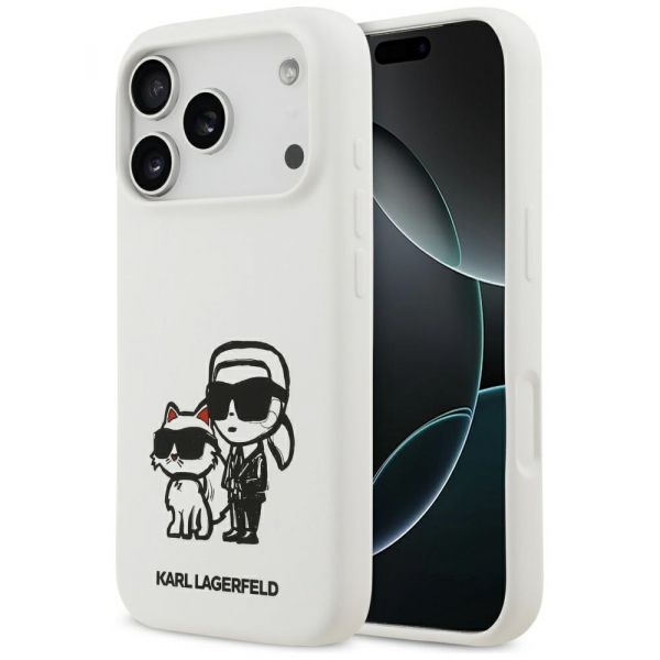 Husa pentru Apple iPhone 18 Pro / 17 Pro, Karl Lagerfeld, Sketch and Logo Karl & Choupette, Alba