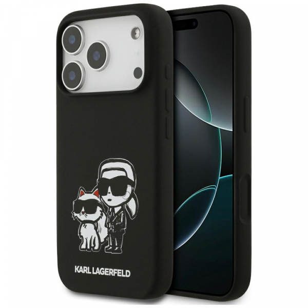 Husa pentru Apple iPhone 18 Pro / 17 Pro, Karl Lagerfeld, Sketch and Logo Karl & Choupette, Neagra