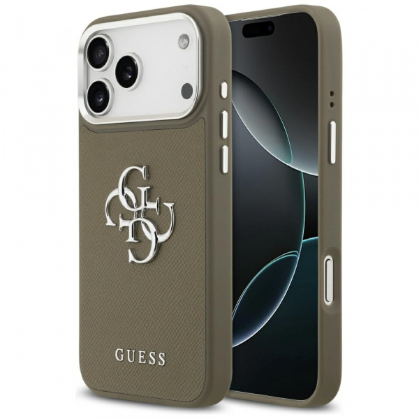 Husa pentru Apple iPhone 18 Pro Max / 17 Pro Max, Guess, 4G Grained Big And Classic Logo, Maro Argintie