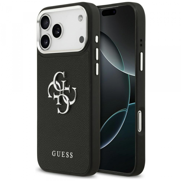 Husa pentru Apple iPhone 18 Pro Max / 17 Pro Max, Guess, 4G Grained Big and Classic Logo, Neagra Argintie