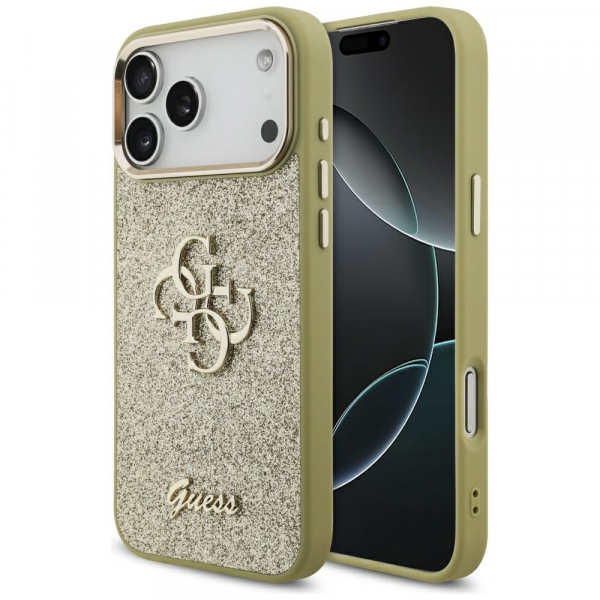Husa pentru Apple iPhone 18 Pro Max / 17 Pro Max, Guess, Fixed Glitter Big 4G Metal Frame, Aurie