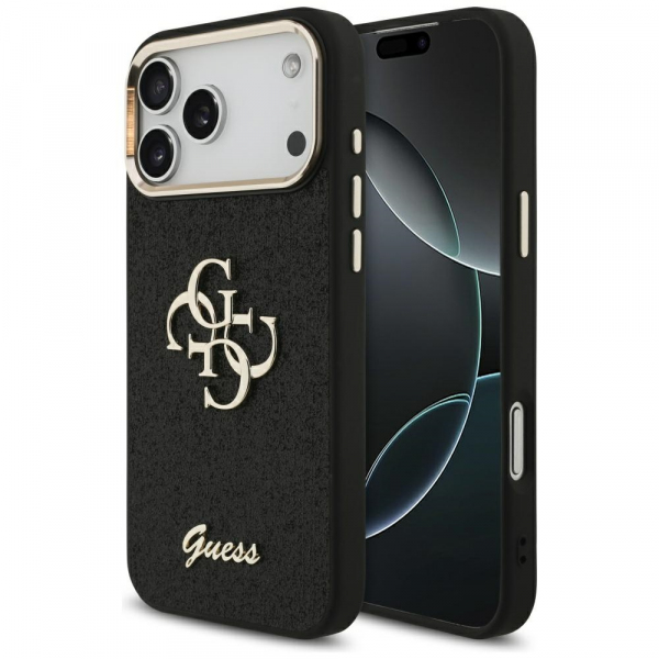 Husa pentru Apple iPhone 18 Pro Max / 17 Pro Max, Guess, Fixed Glitter Big 4G Metal Frame, Neagra
