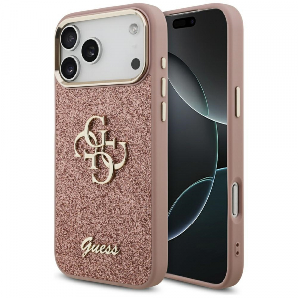 Husa pentru Apple iPhone 18 Pro Max / 17 Pro Max, Guess, Fixed Glitter Big 4G Metal Frame, Roz