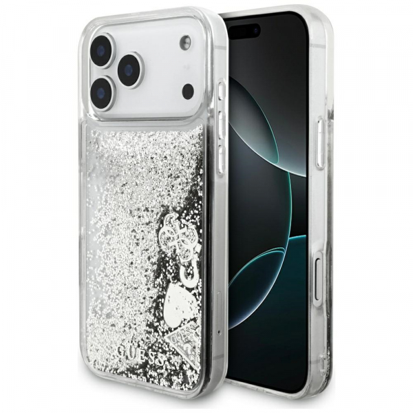 Husa pentru Apple iPhone 18 Pro Max / 17 Pro Max, Guess, Liquid Glitter Charms, Argintie