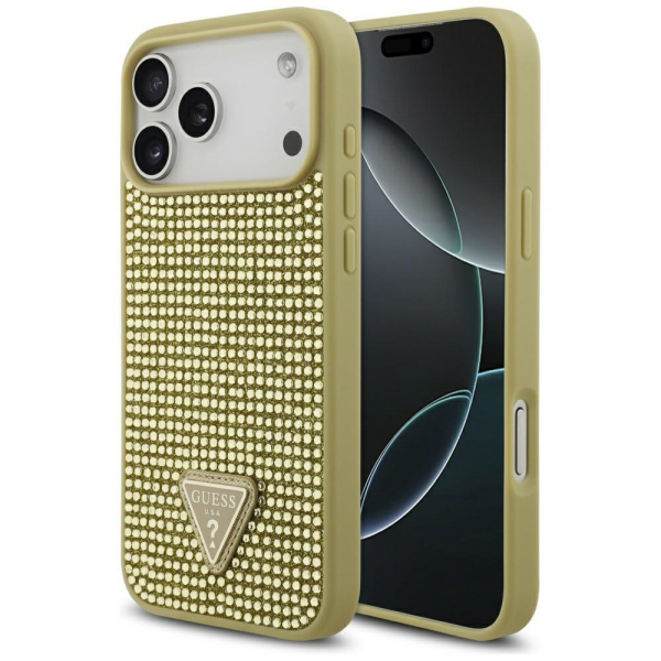 Husa pentru Apple iPhone 18 Pro Max / 17 Pro Max, Guess, Rhinestone Triangle Logo, Aurie