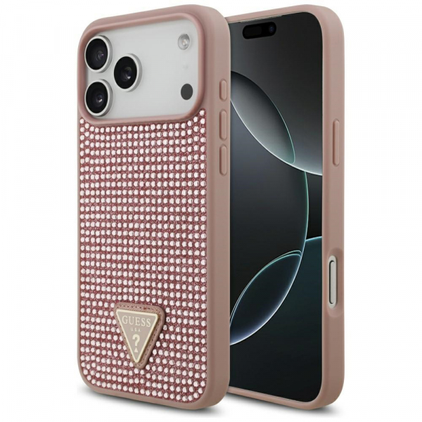Husa pentru Apple iPhone 18 Pro Max / 17 Pro Max, Guess, Rhinestone Triangle Logo, Roz