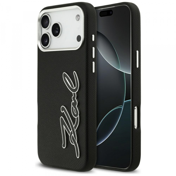 Husa pentru Apple iPhone 18 Pro Max / 17 Pro Max, Karl Lagerfeld, FW Grained Signature Logo, Neagra