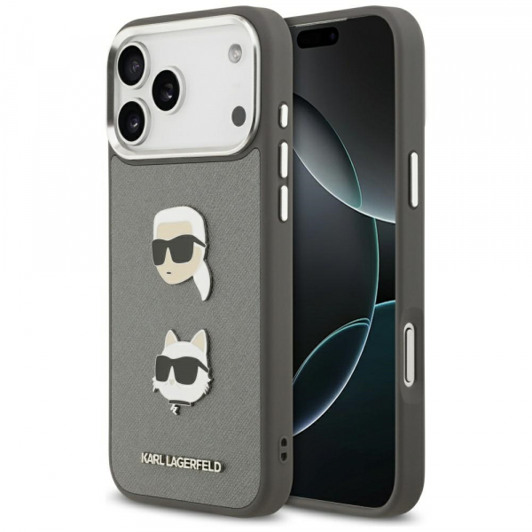 Husa pentru Apple iPhone 18 Pro Max / 17 Pro Max, Karl Lagerfeld, Grained Karl & Choupette\'s Heads Pins and Logo, Gri