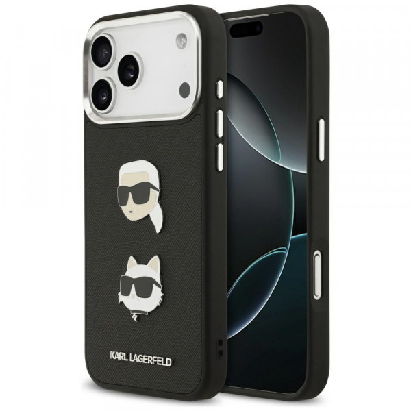 Husa pentru Apple iPhone 18 Pro Max / 17 Pro Max, Karl Lagerfeld, Grained Karl & Choupette\'s Heads Pins and Logo, Neagra