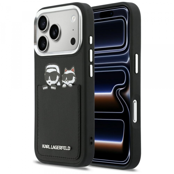 Husa pentru Apple iPhone 18 Pro Max / 17 Pro Max, Karl Lagerfeld, Karl & Choupette Print with Pocket, Neagra