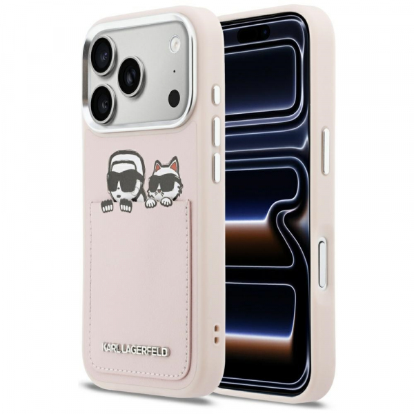 Husa pentru Apple iPhone 18 Pro Max / 17 Pro Max, Karl Lagerfeld, Karl & Choupette Print with Pocket, Roz