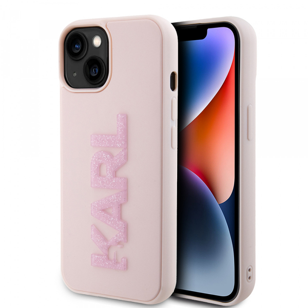 Husa pentru Apple iPhone 15, Karl Lagerfeld, 3D Rubber Glitter Logo Karl, Roz