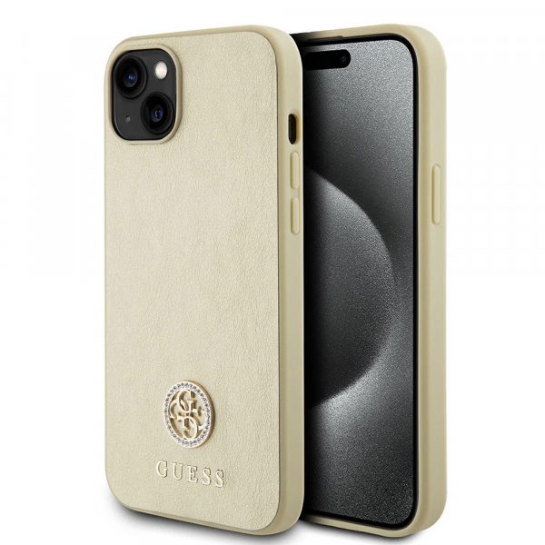 Husa pentru Apple iPhone 15, Guess, 4G Strass Metal Logo, Aurie