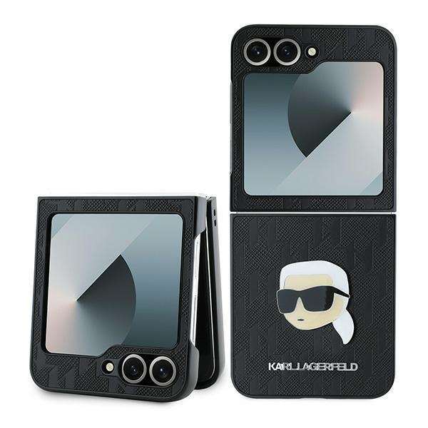 Husa pentru Samsung Galaxy Z Flip7 FE F761 / Z Flip6 F741, Karl Lagerfeld, Saffiano Monogram Karl\'s Head Metal, Neagra