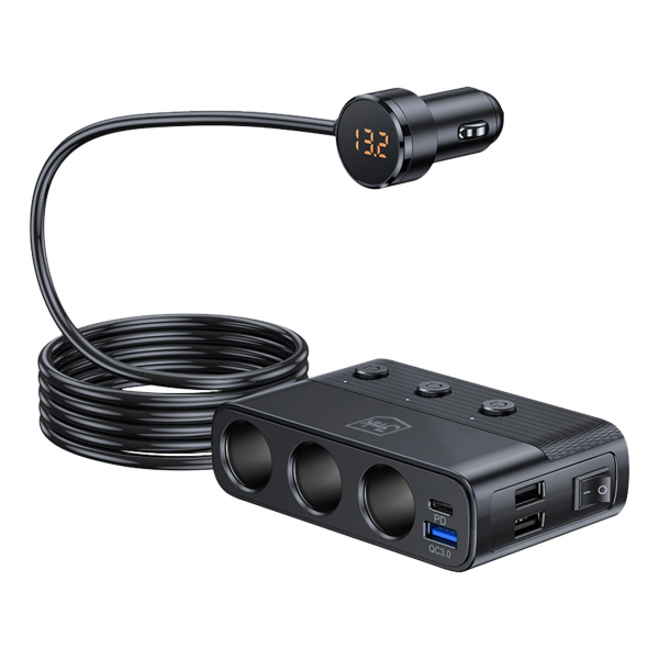 Incarcator Auto 3MK Power Splitter, 120W, 3A, 3 x USB-A - 1 x USB-C - 3 x Extensie Bricheta, Negru