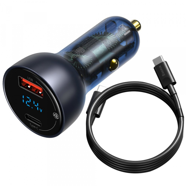 Incarcator Auto Cu Cablu USB-C Baseus Digital Display, 65W, 5A, 1 x USB-A - 1 x USB-C, Negru TZCCKX-0G