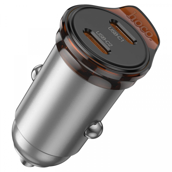 Incarcator Auto Cu Cablu Lightning HOCO NZ16B, 45W, 3A, 2 x USB-C, Gri
