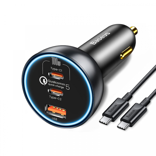 Incarcator Auto Cu Cablu USB-C Baseus Qualcomm, 160W, 3A, 1 x USB-A - 2 x USB-C, Gri TZCCZM-0G