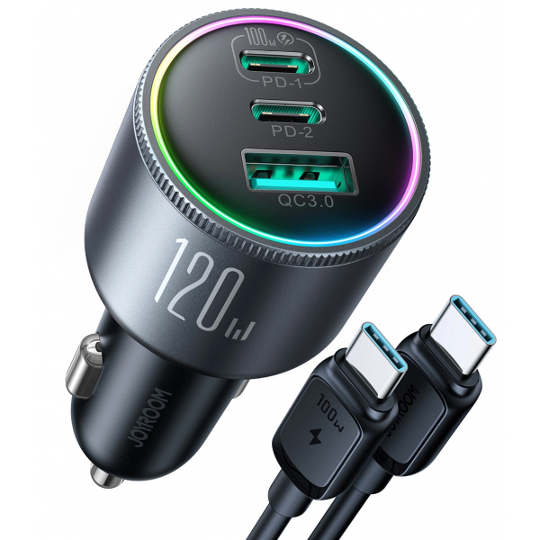Incarcator Auto Cu Cablu USB-C Joyroom JR-CCN07, 120W, 5A, 1 x USB-A - 2 x USB-C, Gri