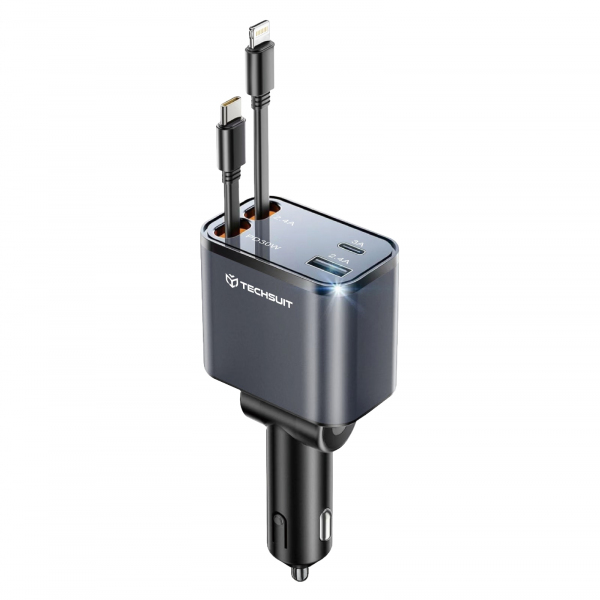 Incarcator Auto Cu Cablu USB-C / Lightning Techsuit C1 NanoVoltX, 69W, 3A, 1 x USB-A - 1 x USB-C, Gri